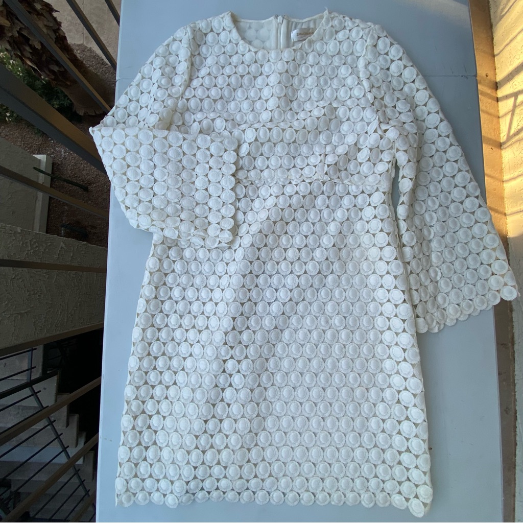 Zimmermann White Textured Circle Lace Shift Dress 3/4 Bell Sleeve Boho Scalloped